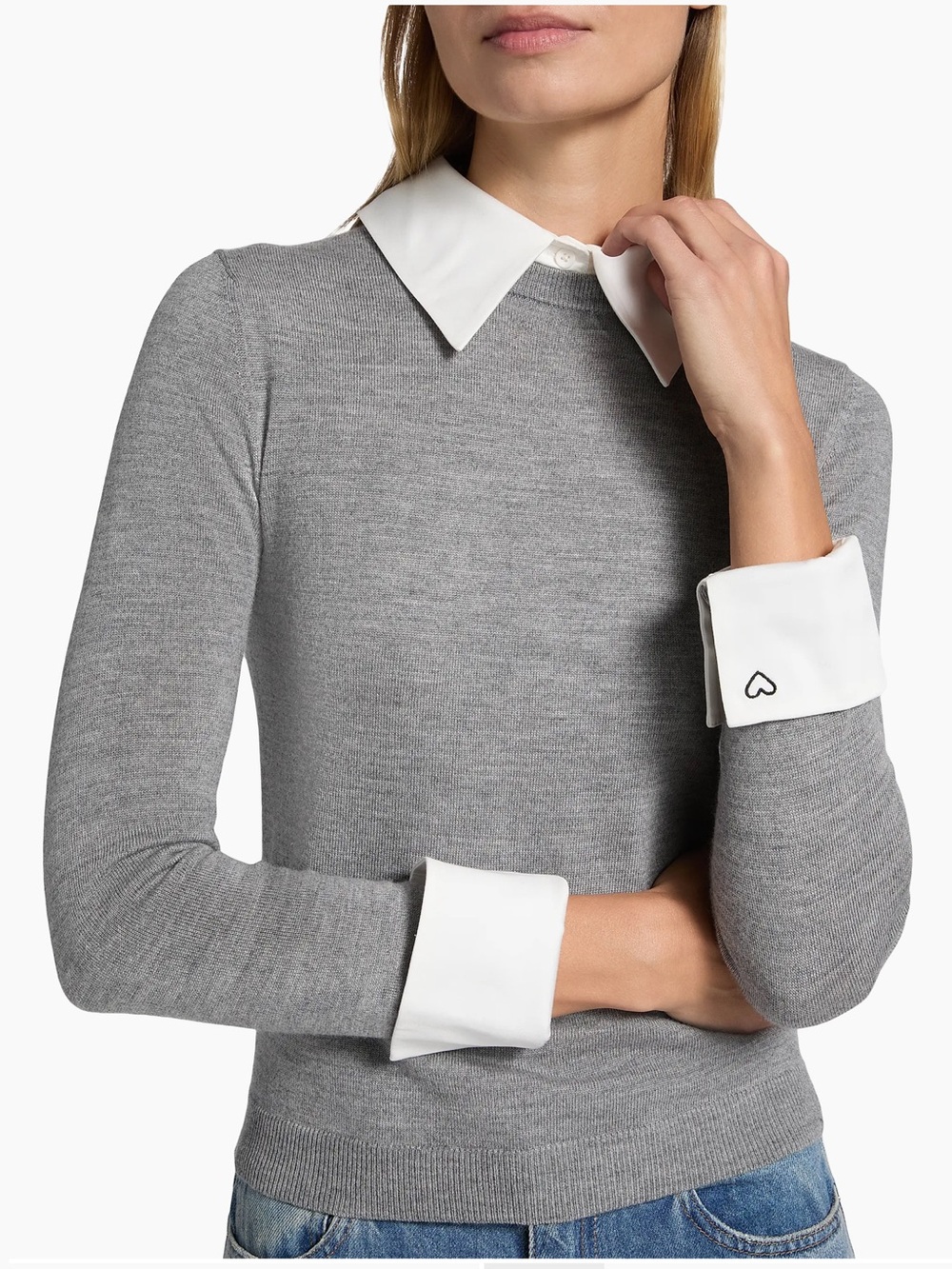 Alice and Olivia Women's Porla Collared Wool Sweater Grey Embroidered Heart